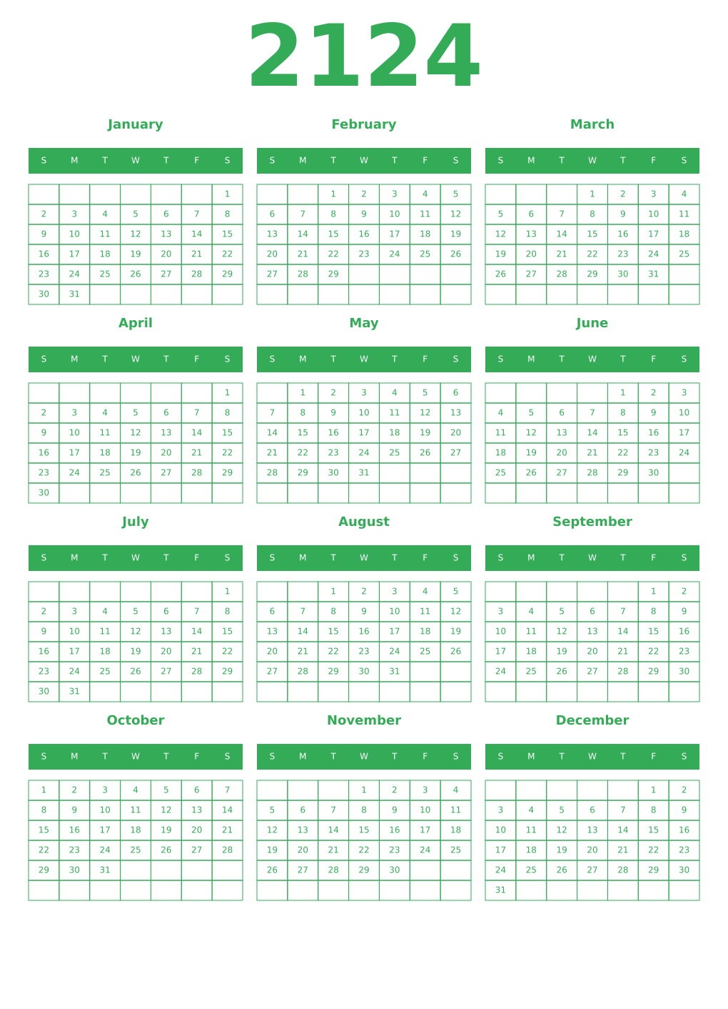 Printable 2124 Year Calendars green