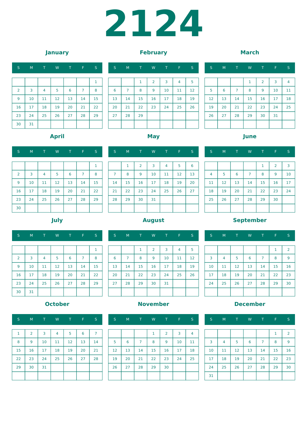Printable 2124 Year Calendars pastel