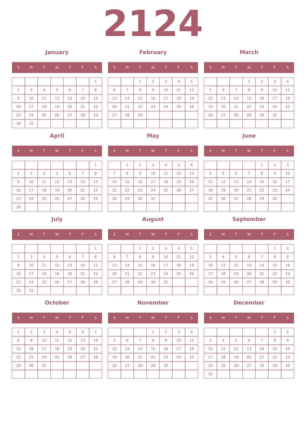 Printable 2124 Year Calendars puce