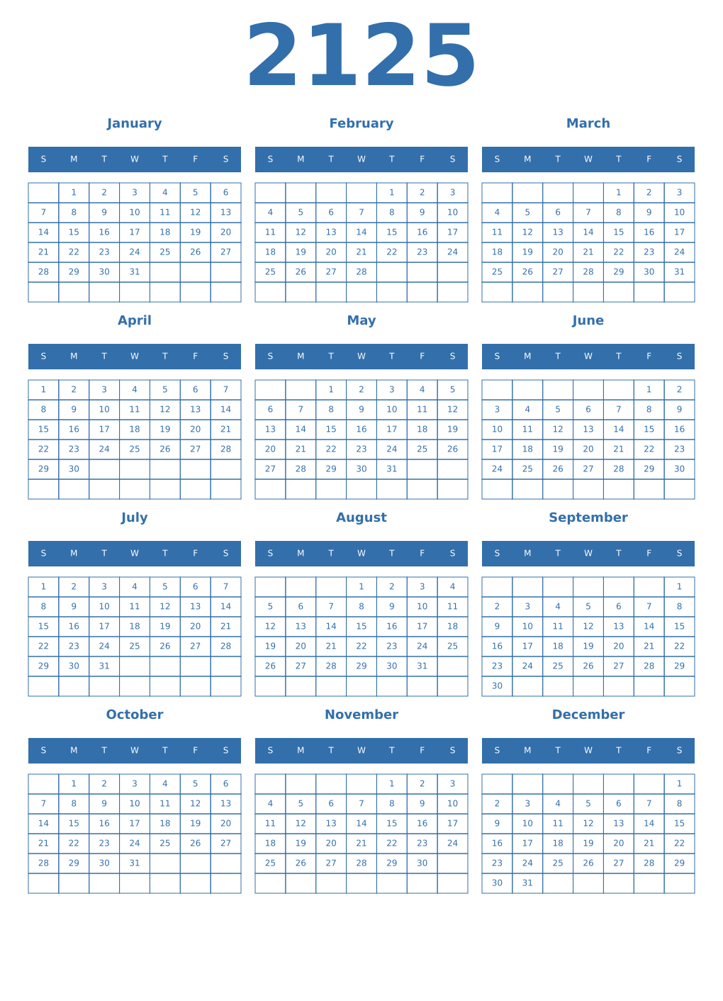 Printable 2125 Year Calendars blue