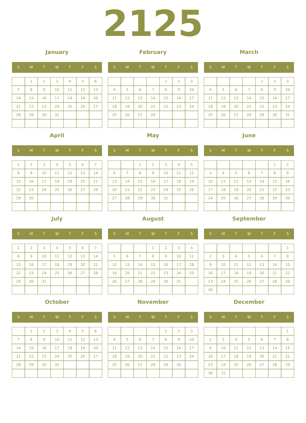 Printable 2125 Year Calendars eburnean