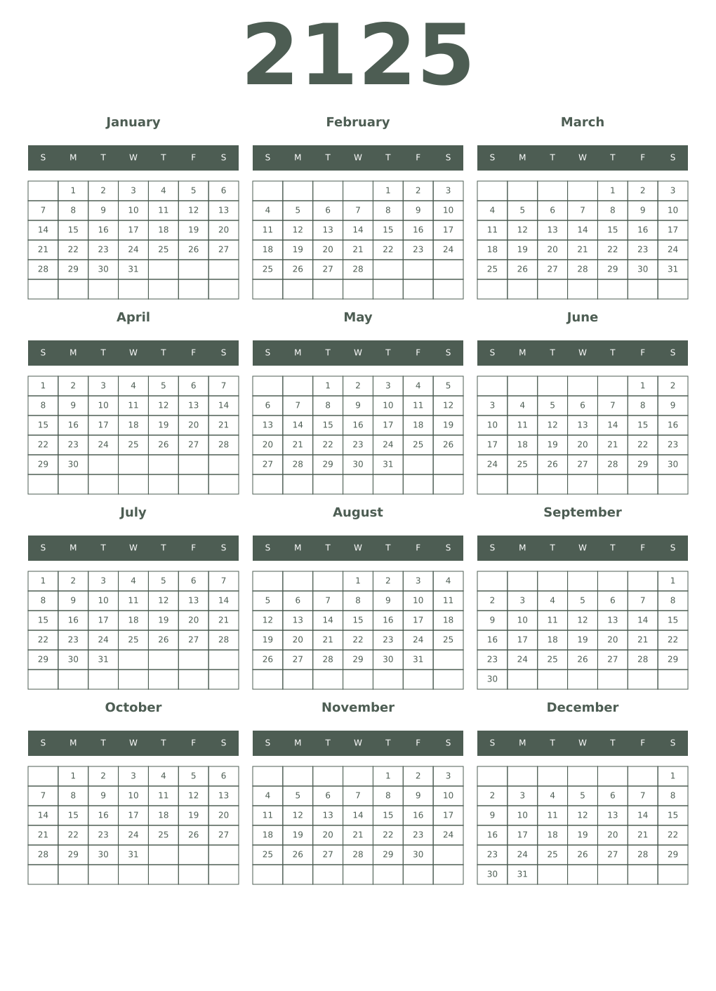 Printable 2125 Year Calendars feldgrau