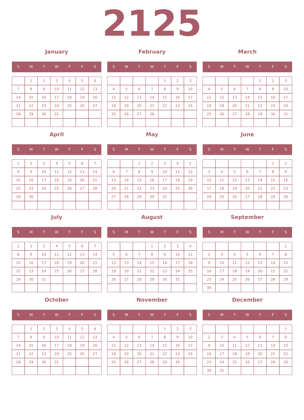 Printable 2125 Year Calendars puce