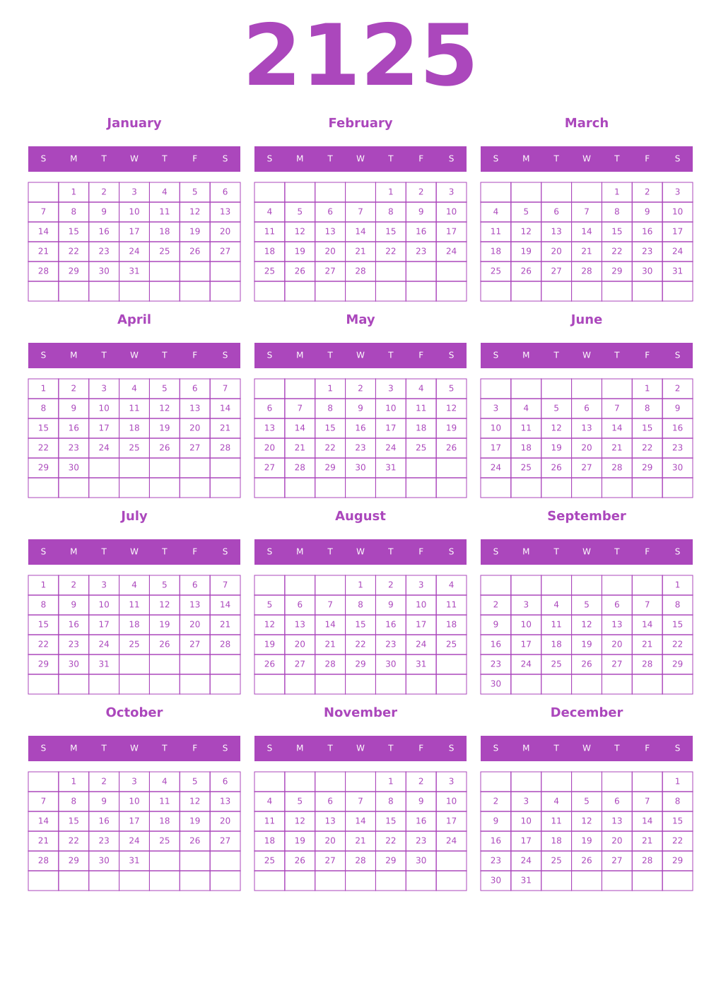 Printable 2125 Year Calendars purple