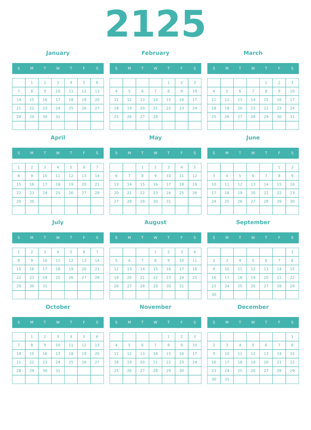 Printable 2125 Year Calendars verdigris