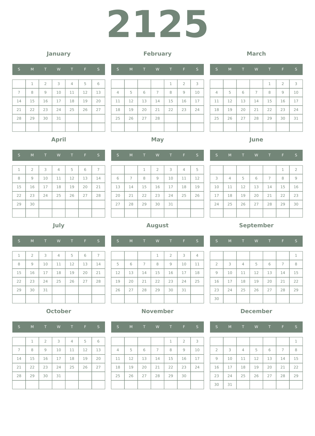 Printable 2125 Year Calendars xanadu