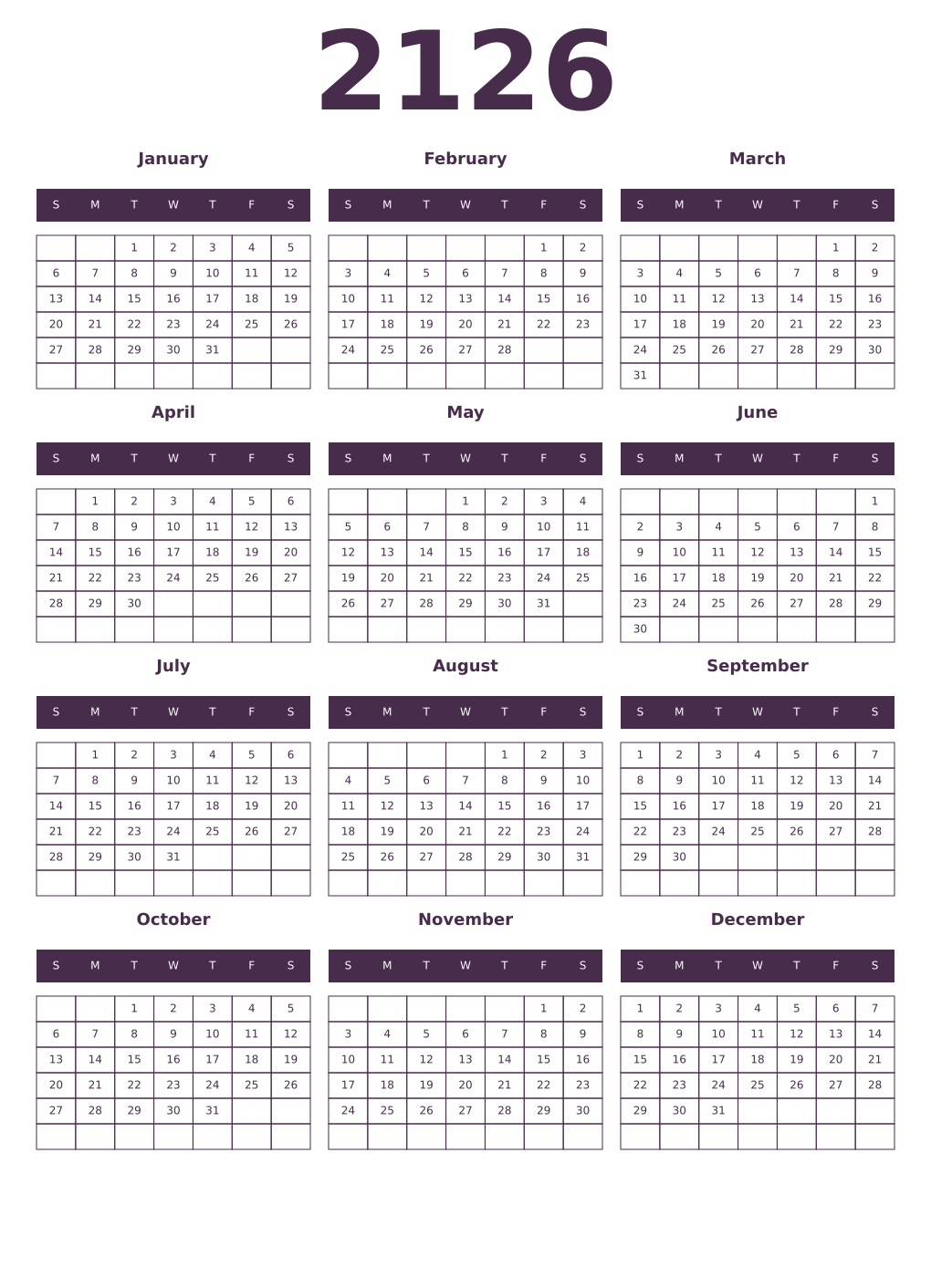 Printable 2126 Year Calendars aubergine