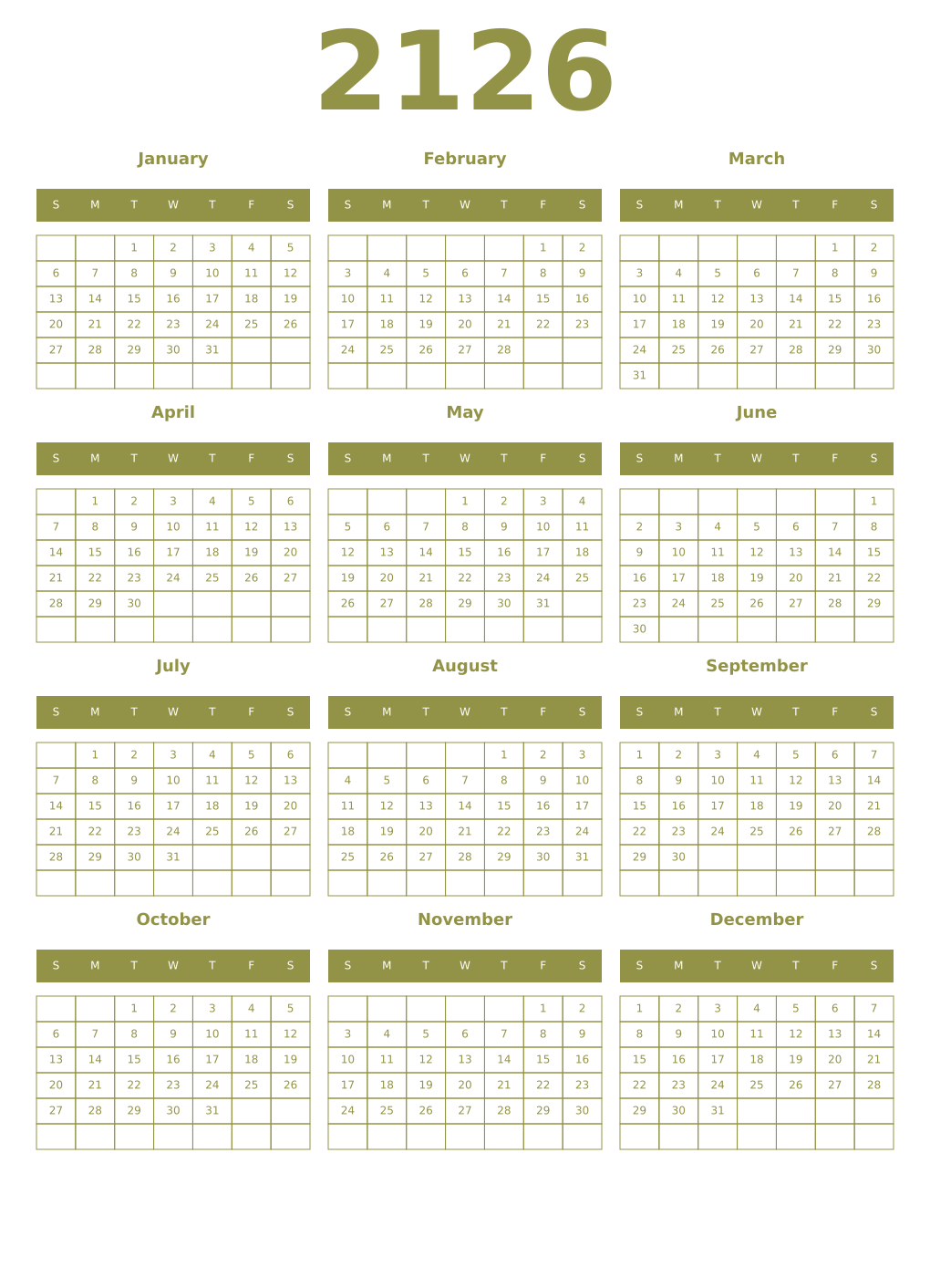 Printable 2126 Year Calendars eburnean