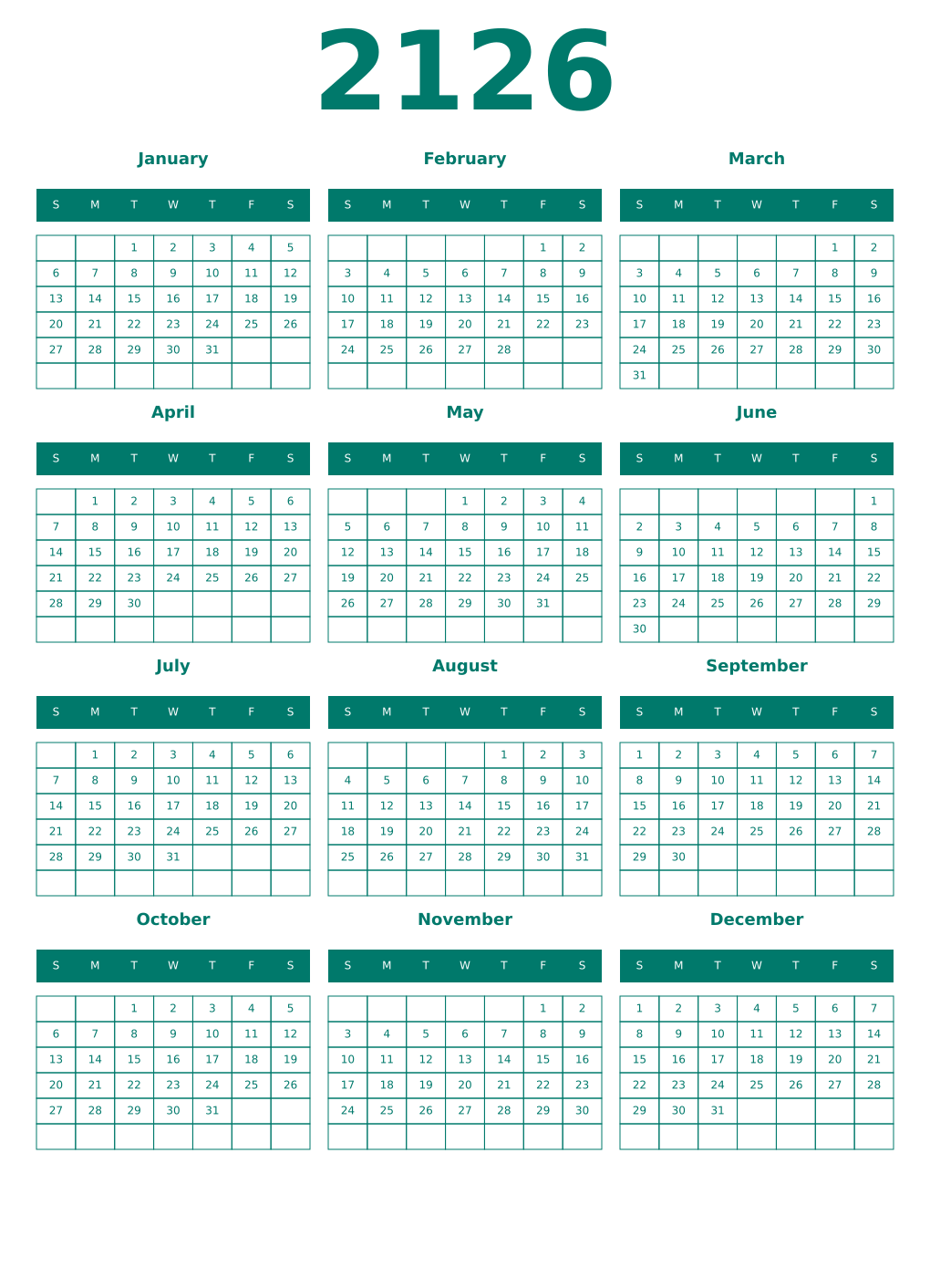 Printable 2126 Year Calendars pastel