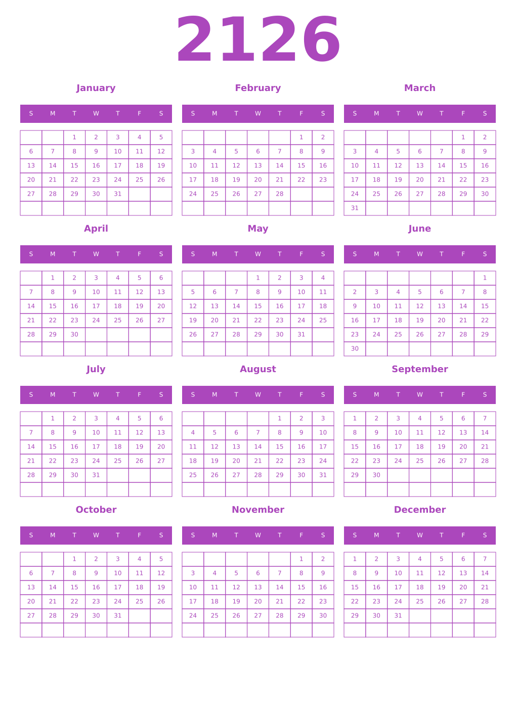 Printable 2126 Year Calendars purple