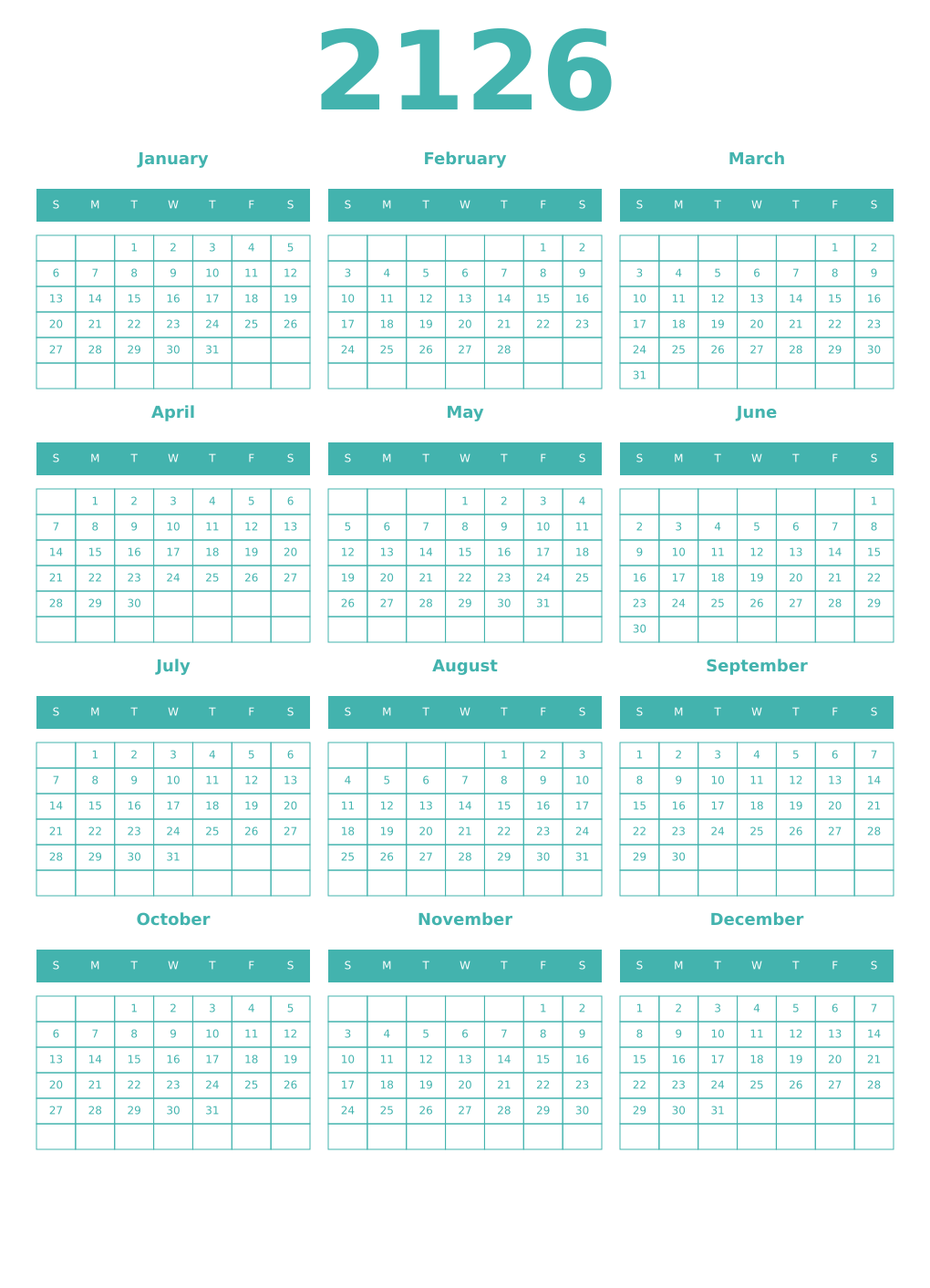 Printable 2126 Year Calendars verdigris