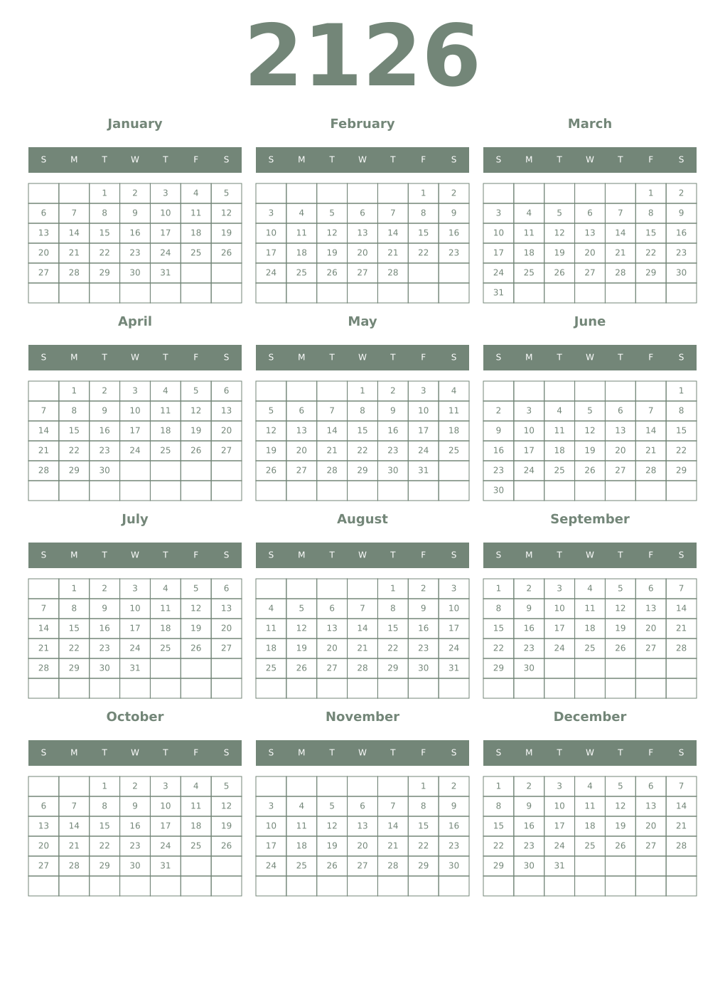 Printable 2126 Year Calendars xanadu