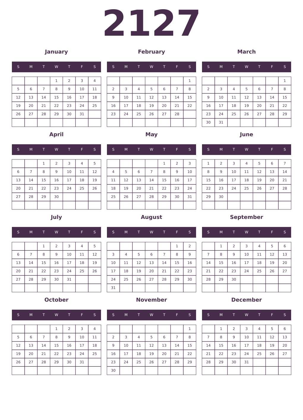 Printable 2127 Year Calendars aubergine