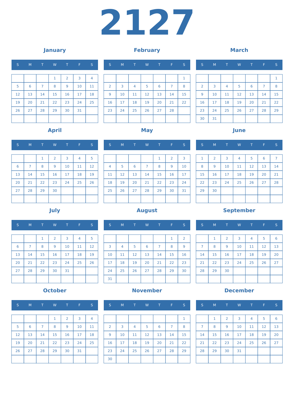 Printable 2127 Year Calendars blue