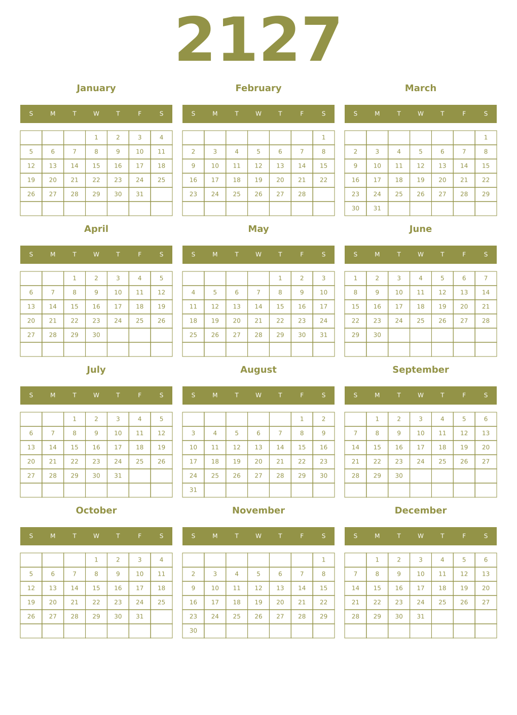 Printable 2127 Year Calendars eburnean