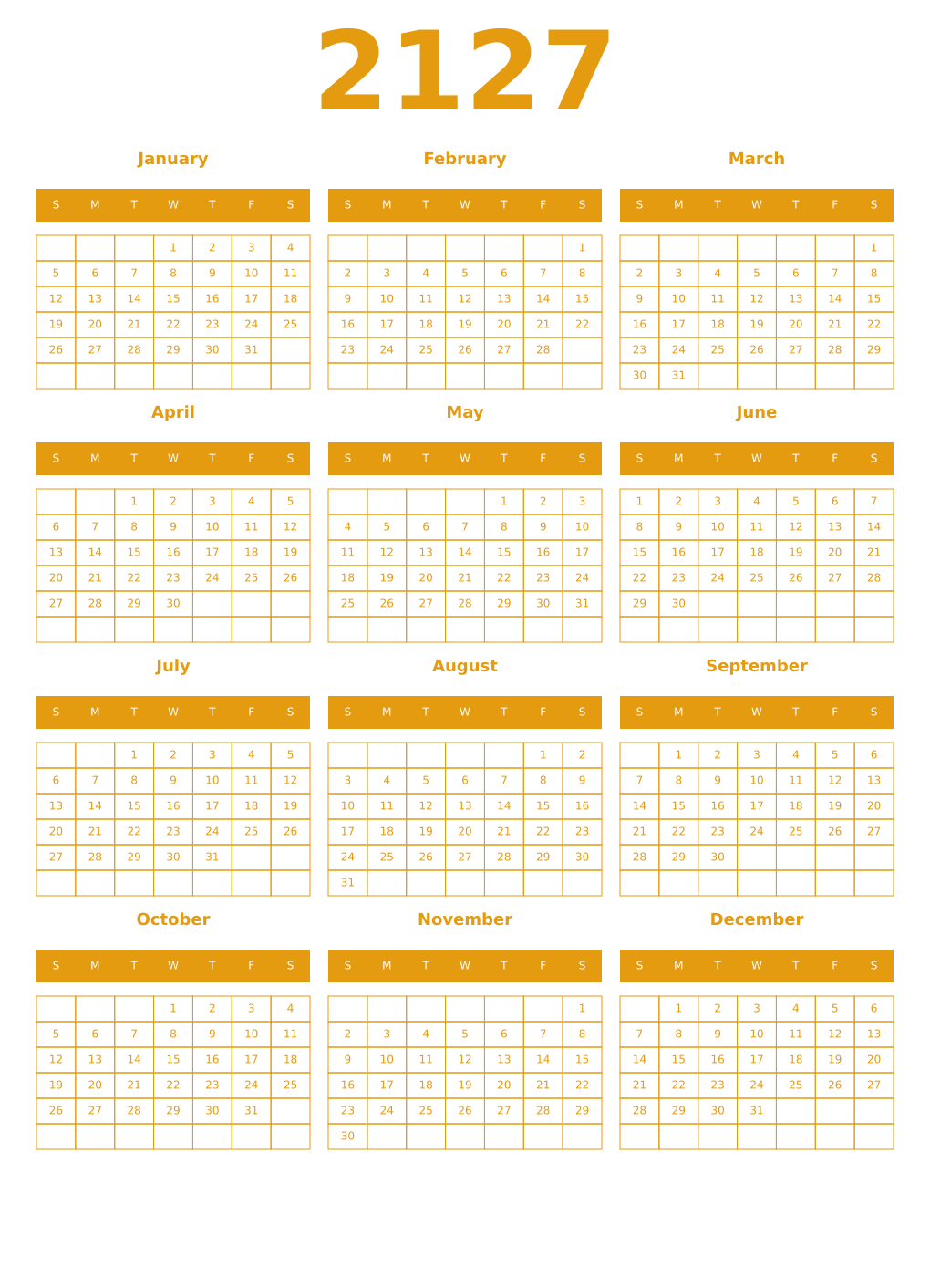 Printable 2127 Year Calendars gamboge