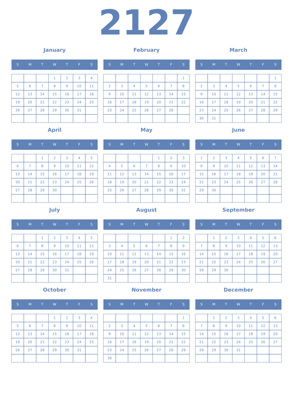 Printable 2127 Year Calendars glaucous