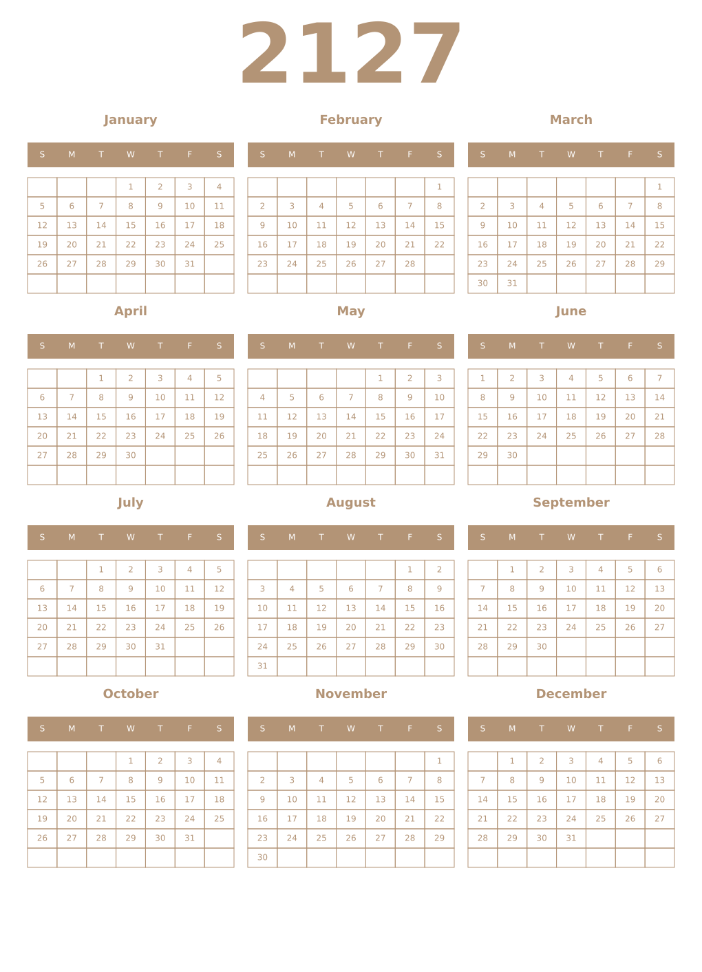 Printable 2127 Year Calendars isabelline
