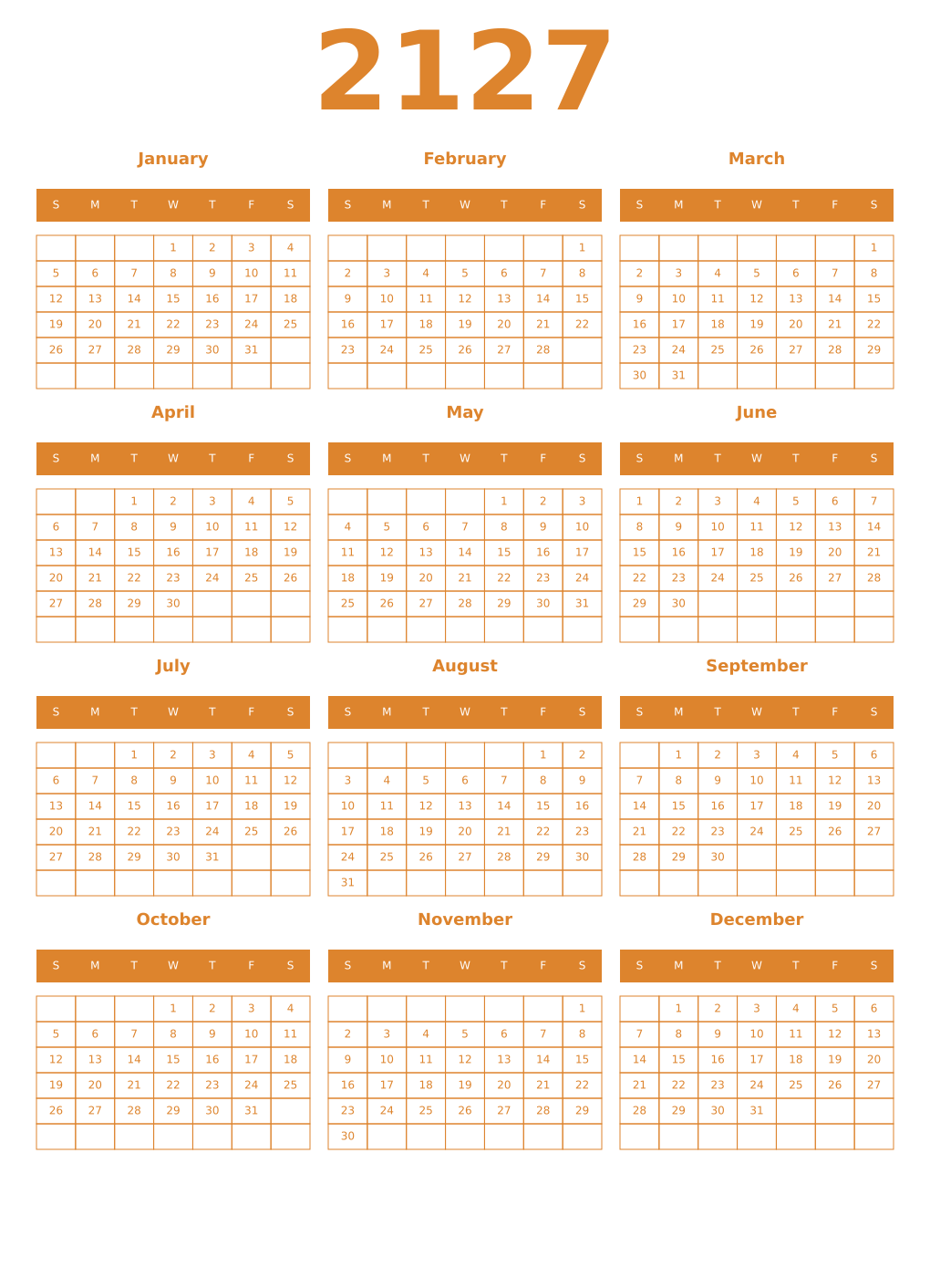 Printable 2127 Year Calendars orange