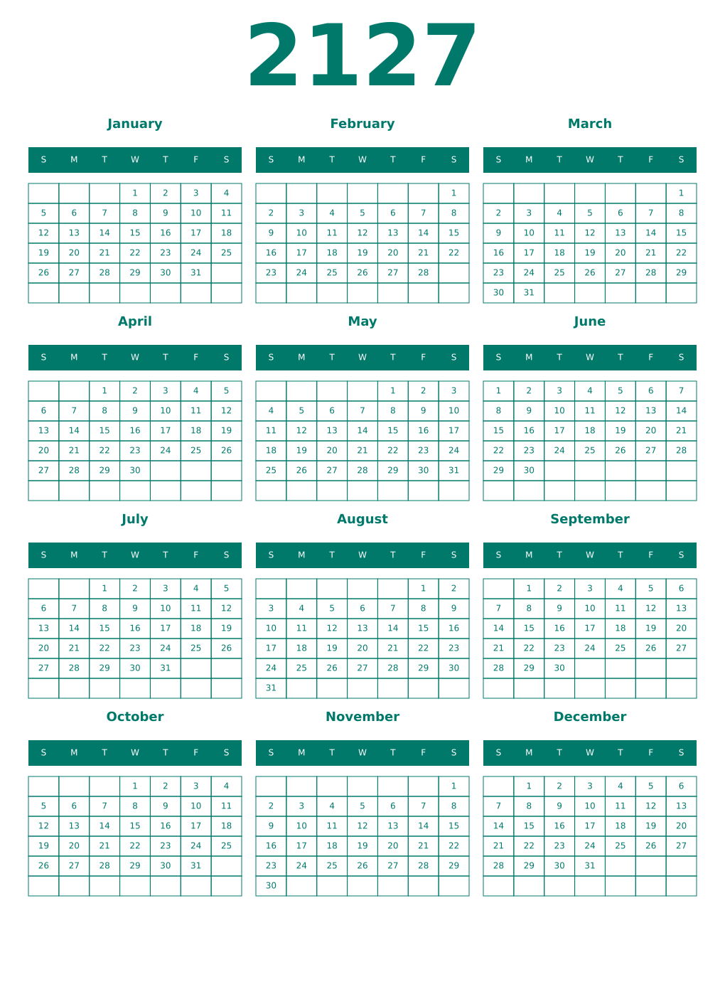 Printable 2127 Year Calendars pastel