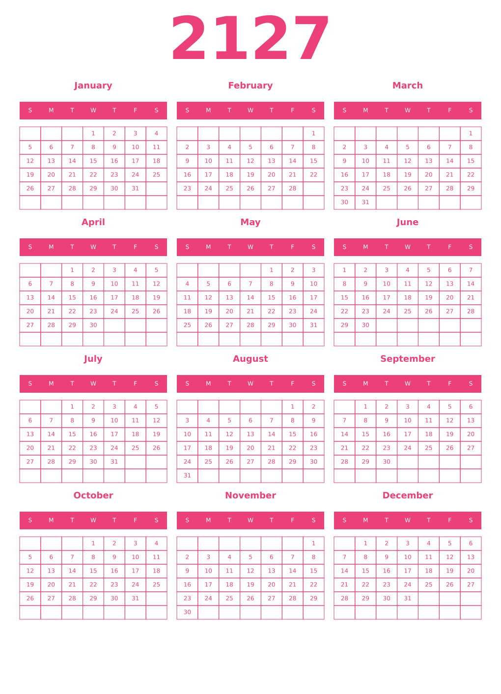 Printable 2127 Year Calendars pink