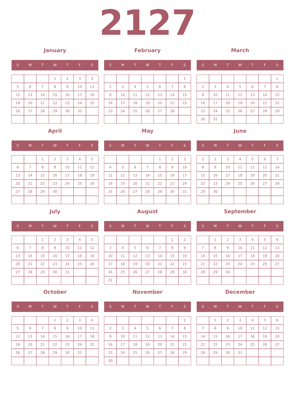 Printable 2127 Year Calendars puce