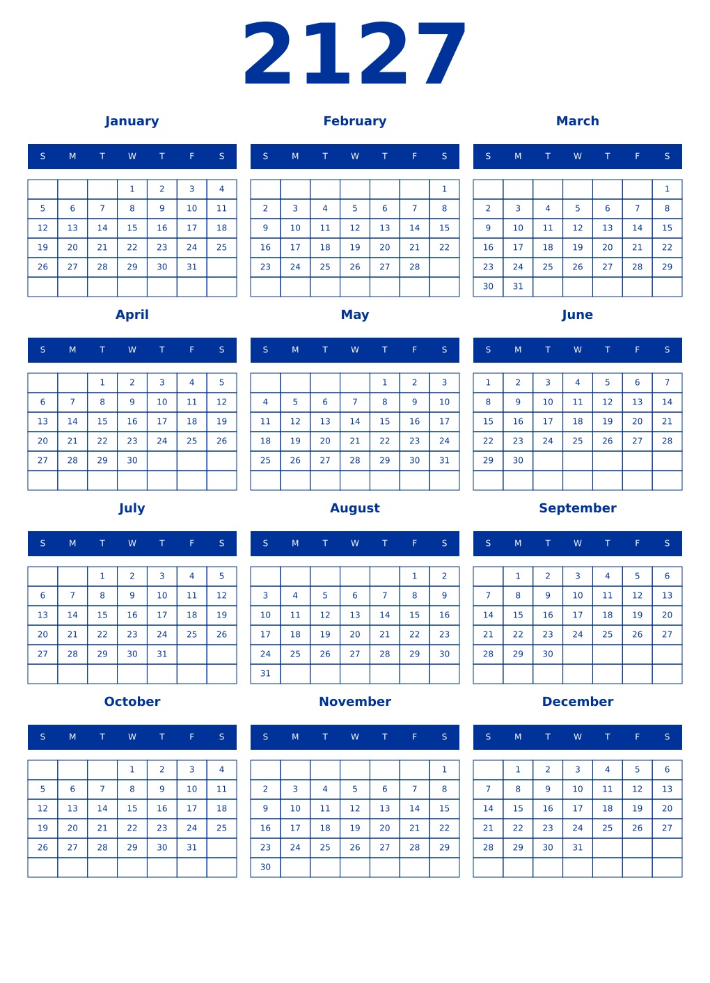 Printable 2127 Year Calendars smalt