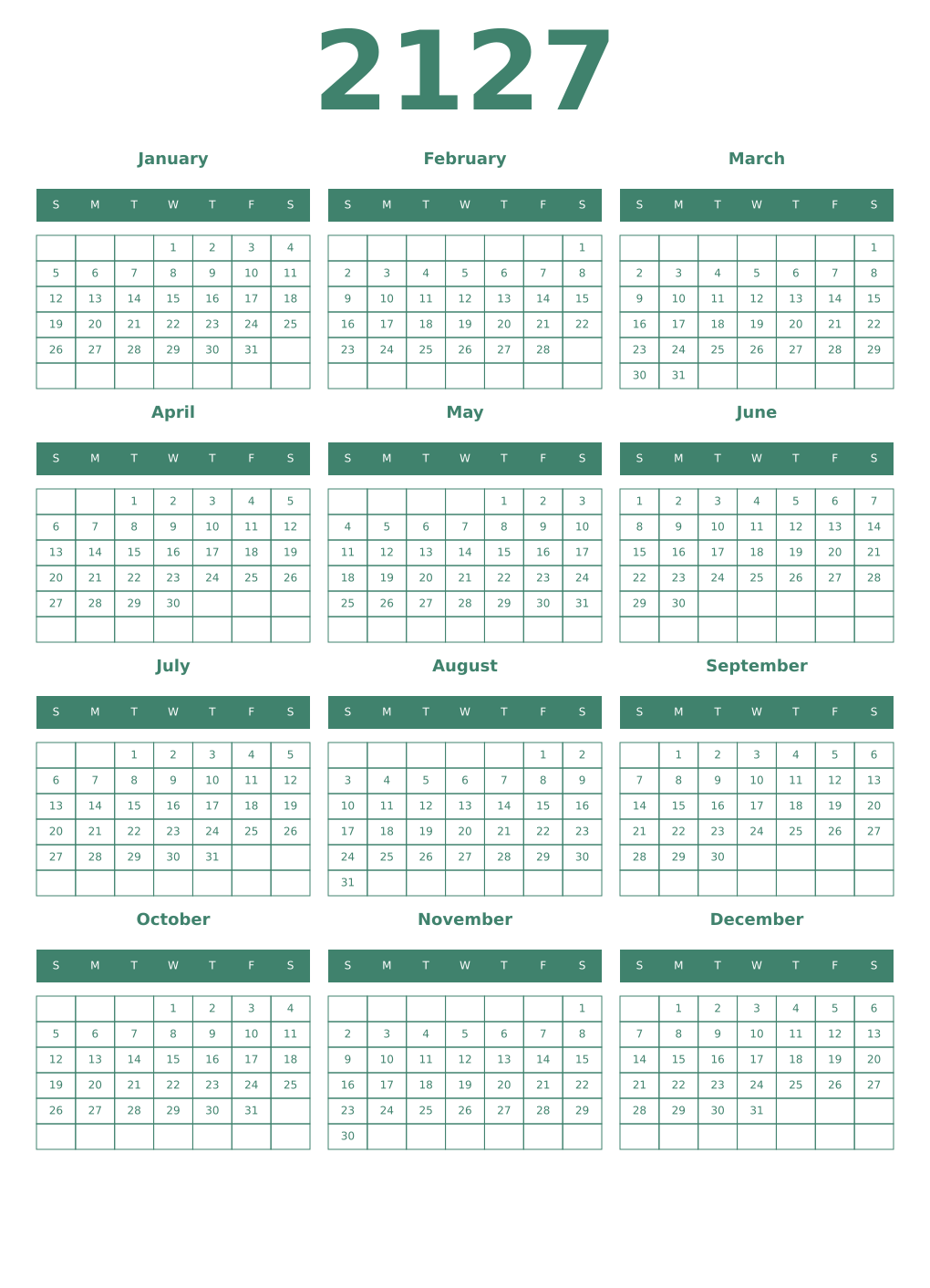 Printable 2127 Year Calendars viridian