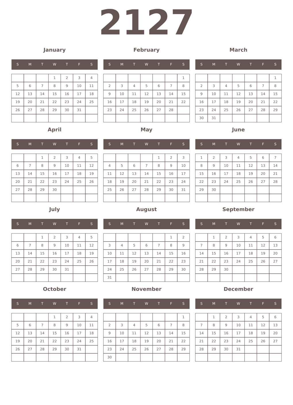 Printable 2127 Year Calendars wenge