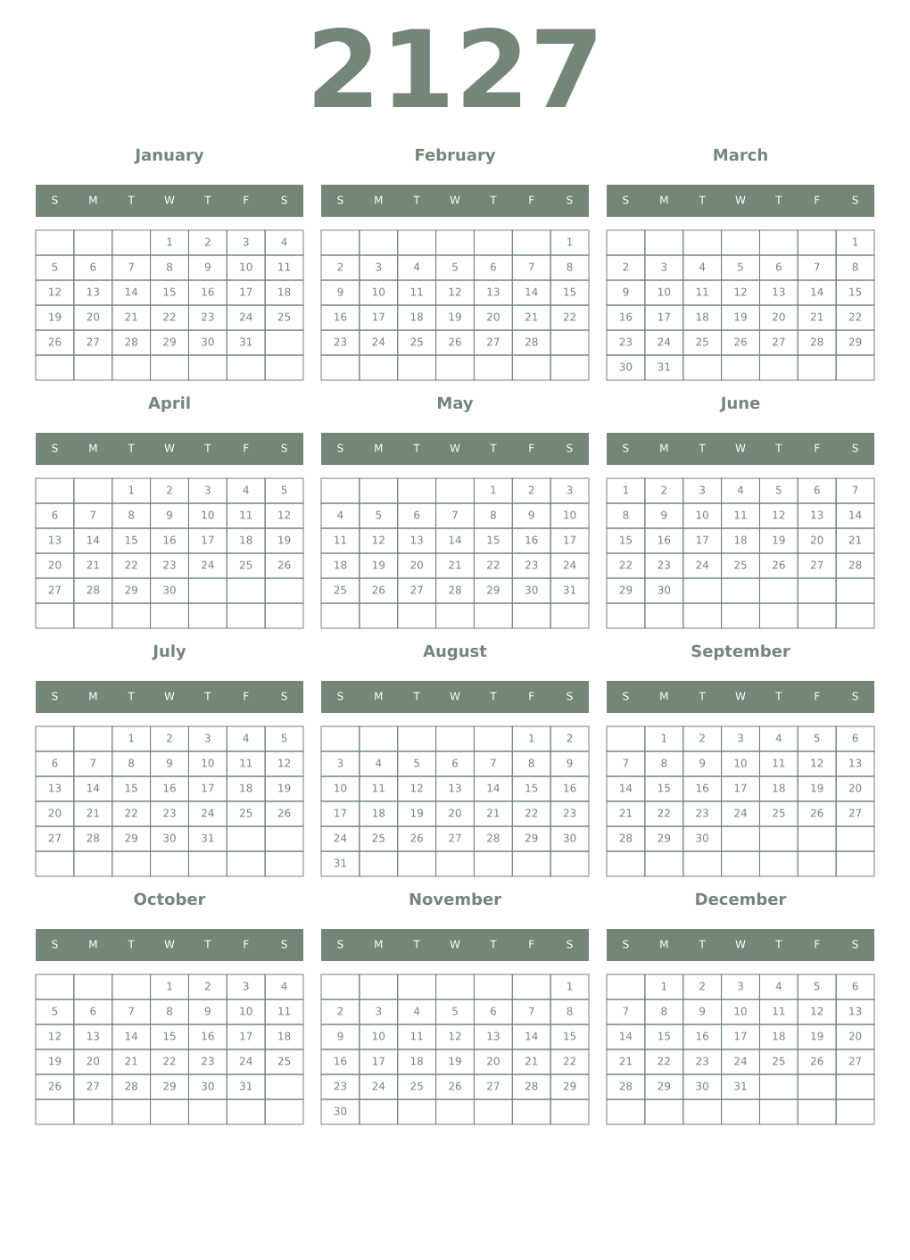Printable 2127 Year Calendars xanadu