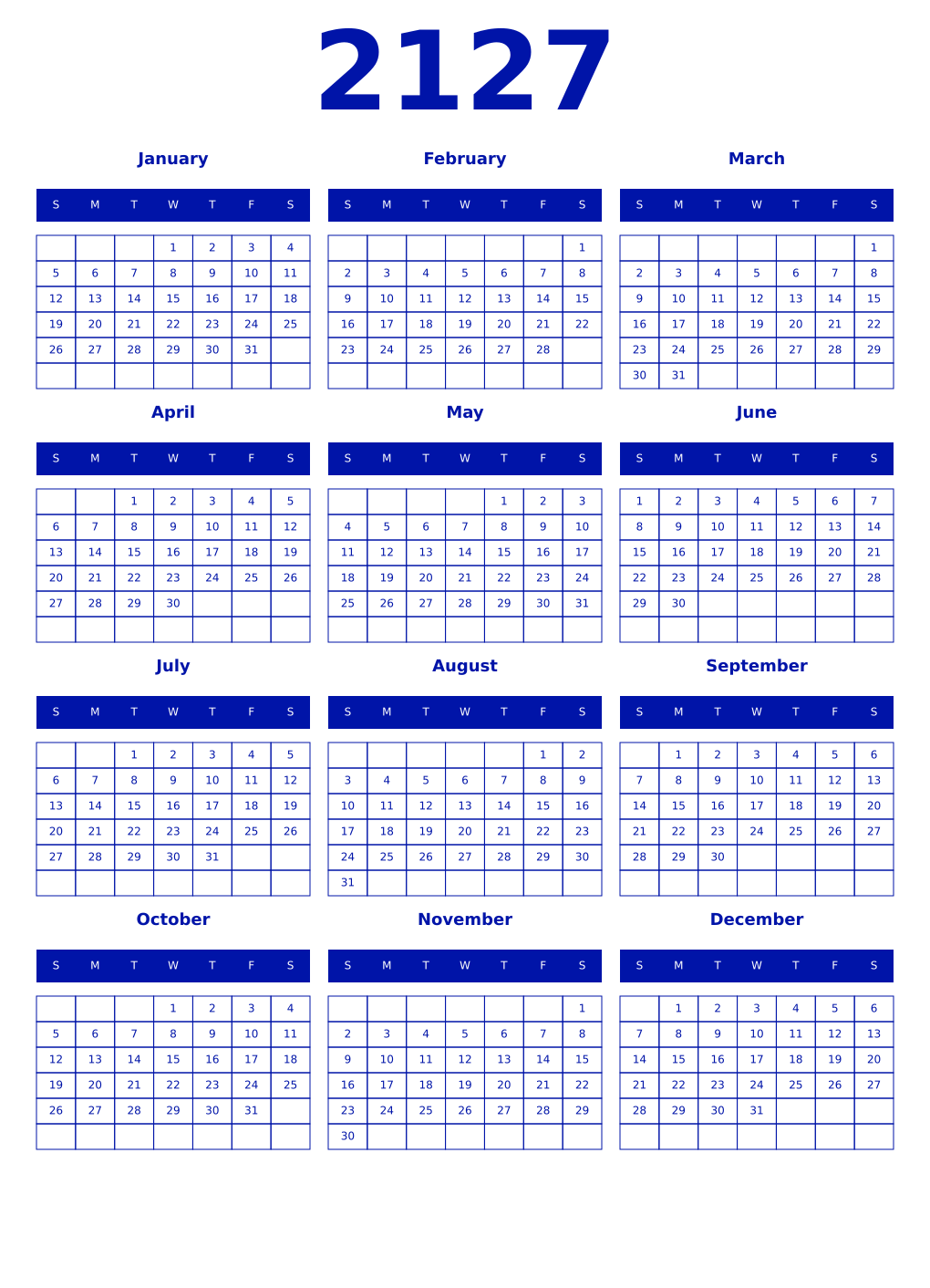 Printable 2127 Year Calendars zaffre