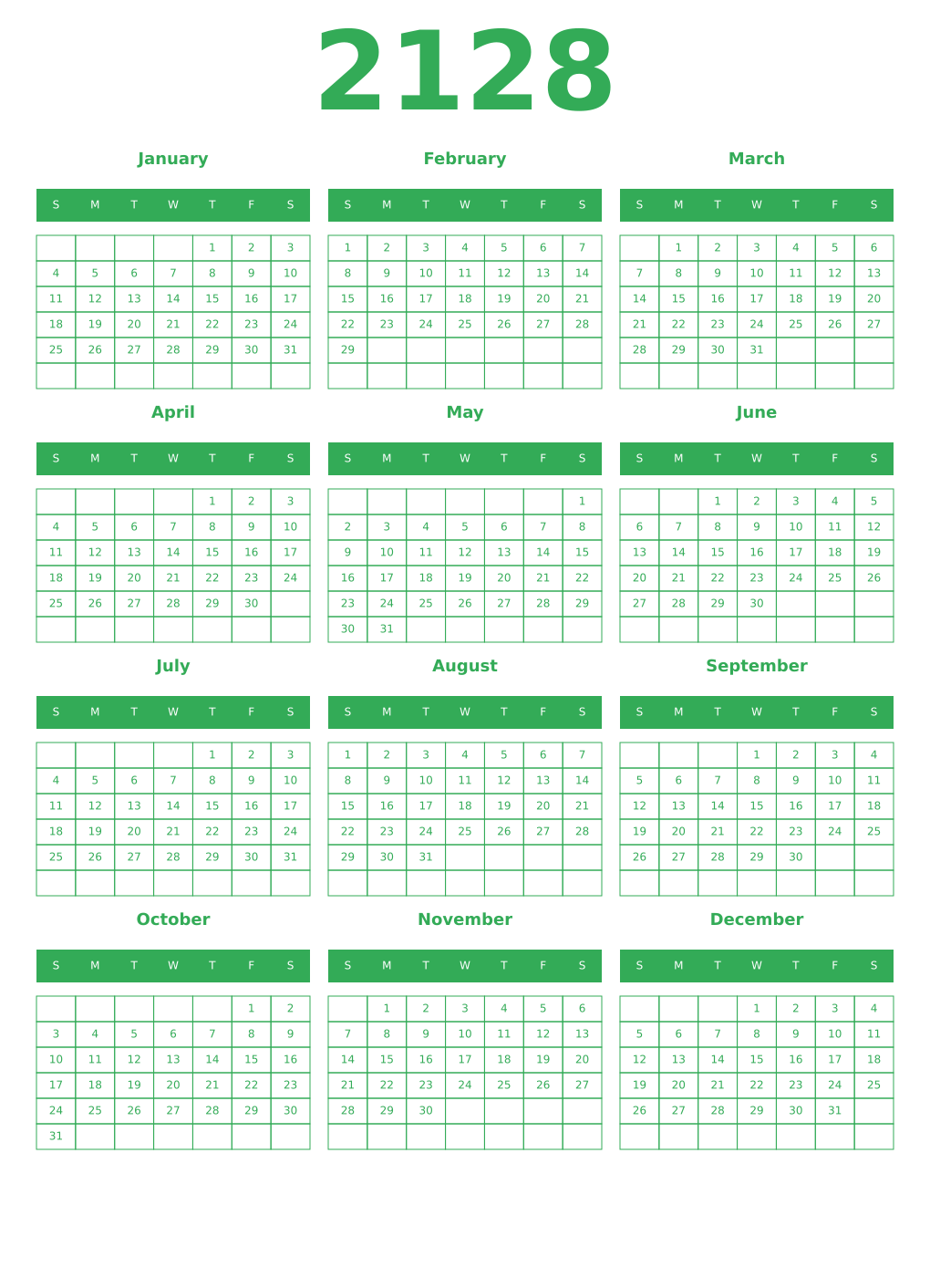 Printable 2128 Year Calendars green