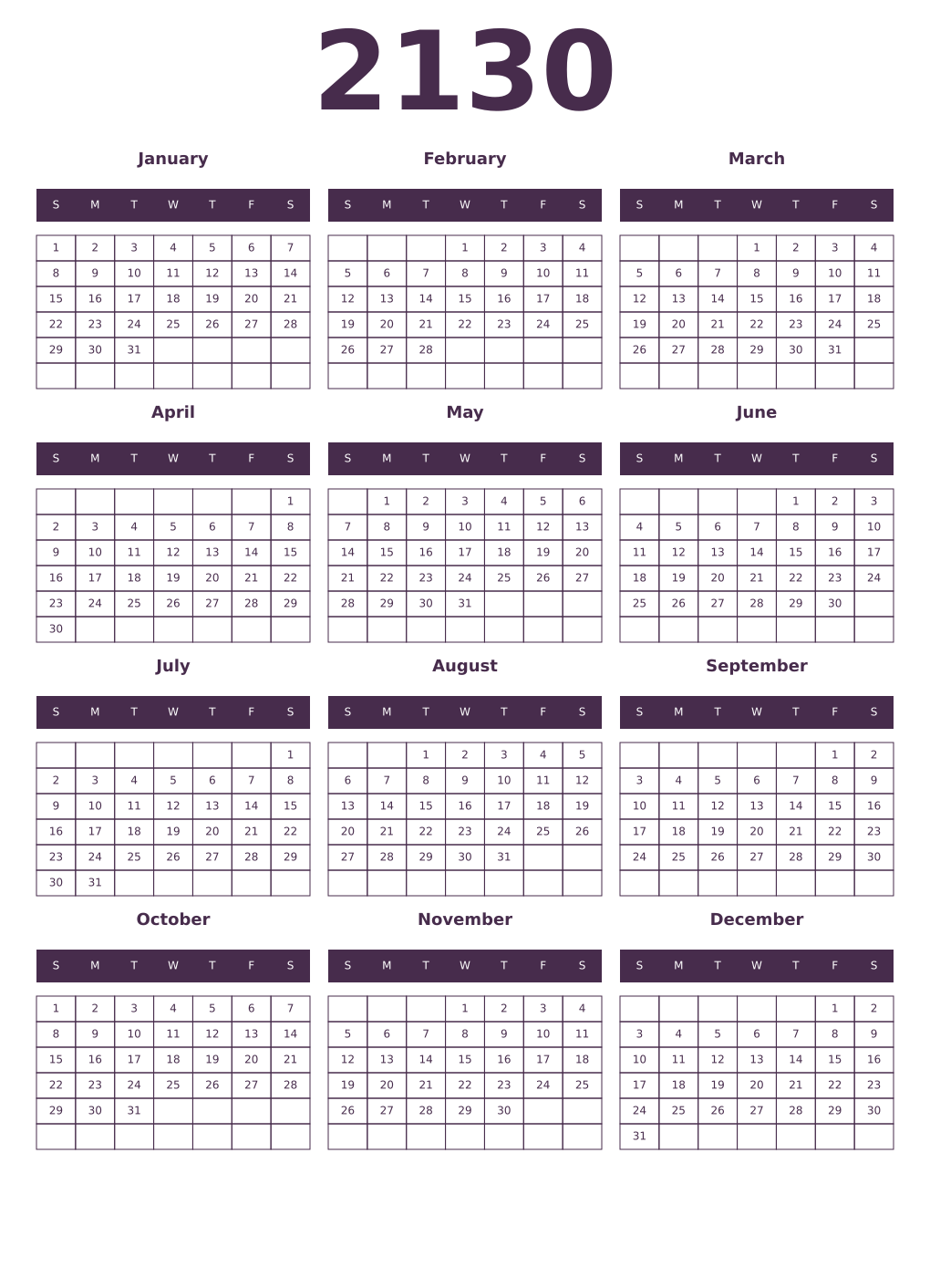Printable 2130 Year Calendars aubergine