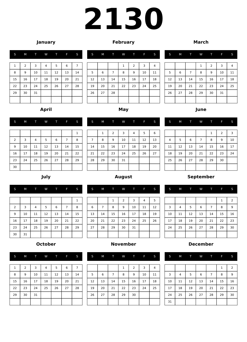 Printable 2130 Year Calendars black