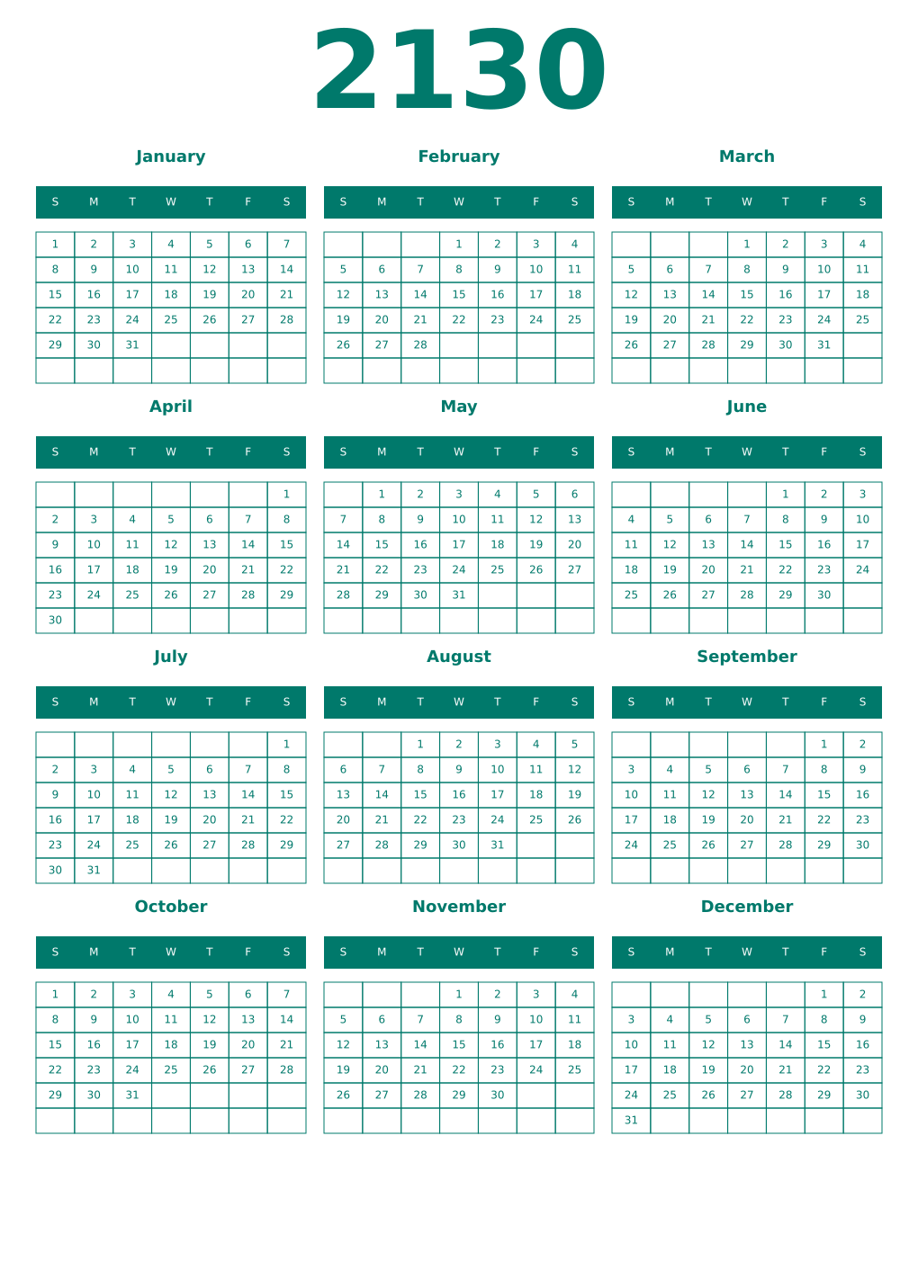 Printable 2130 Year Calendars pastel