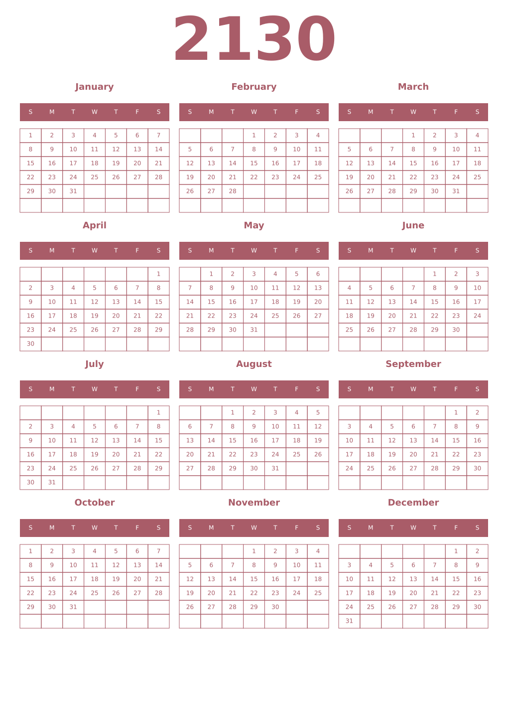 Printable 2130 Year Calendars puce