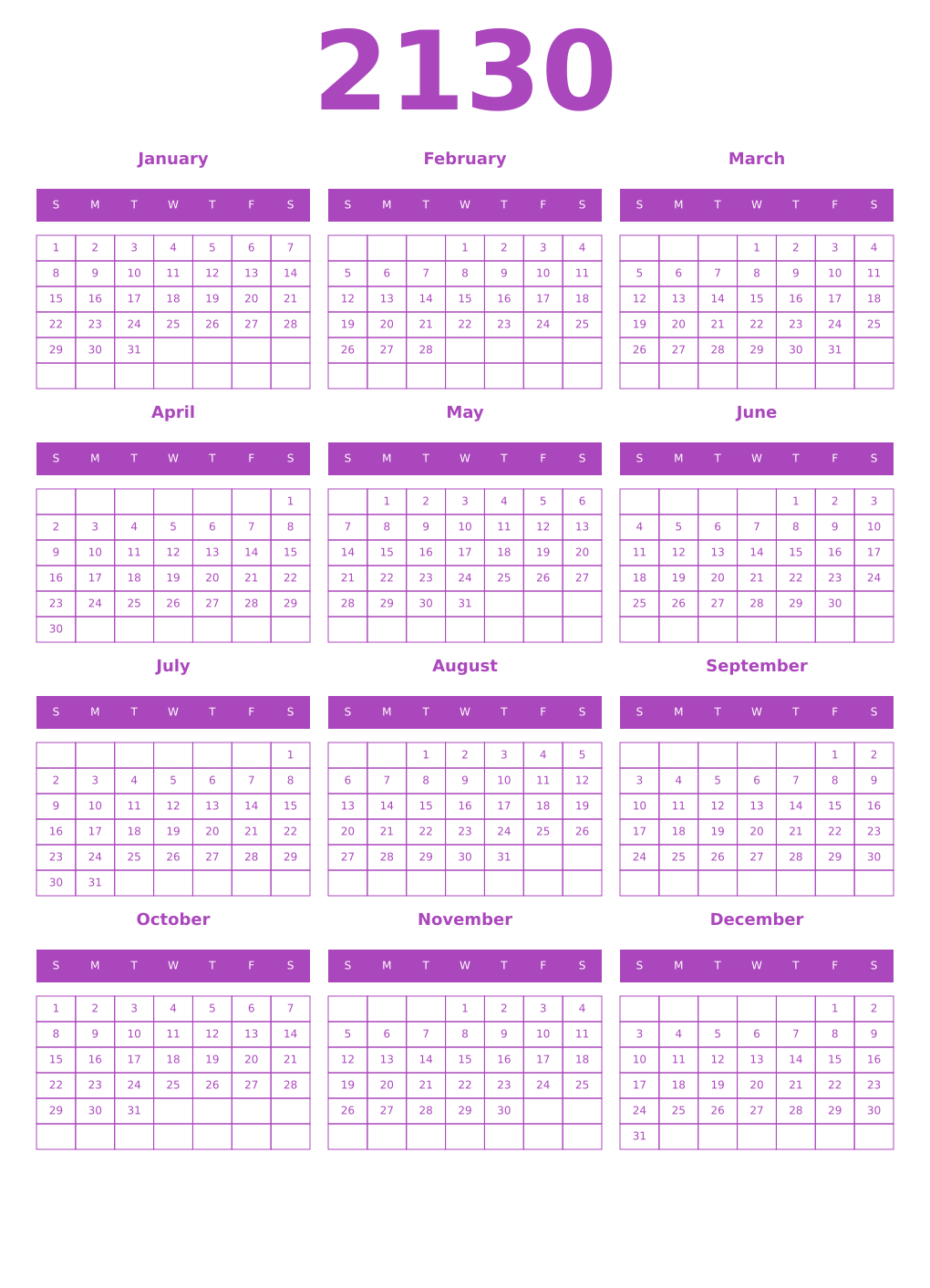 Printable 2130 Year Calendars purple