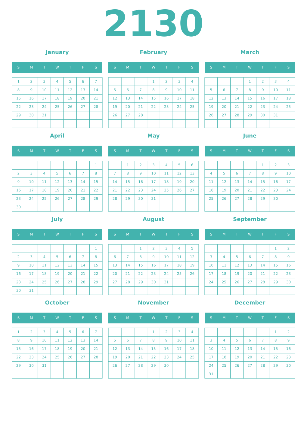 Printable 2130 Year Calendars verdigris