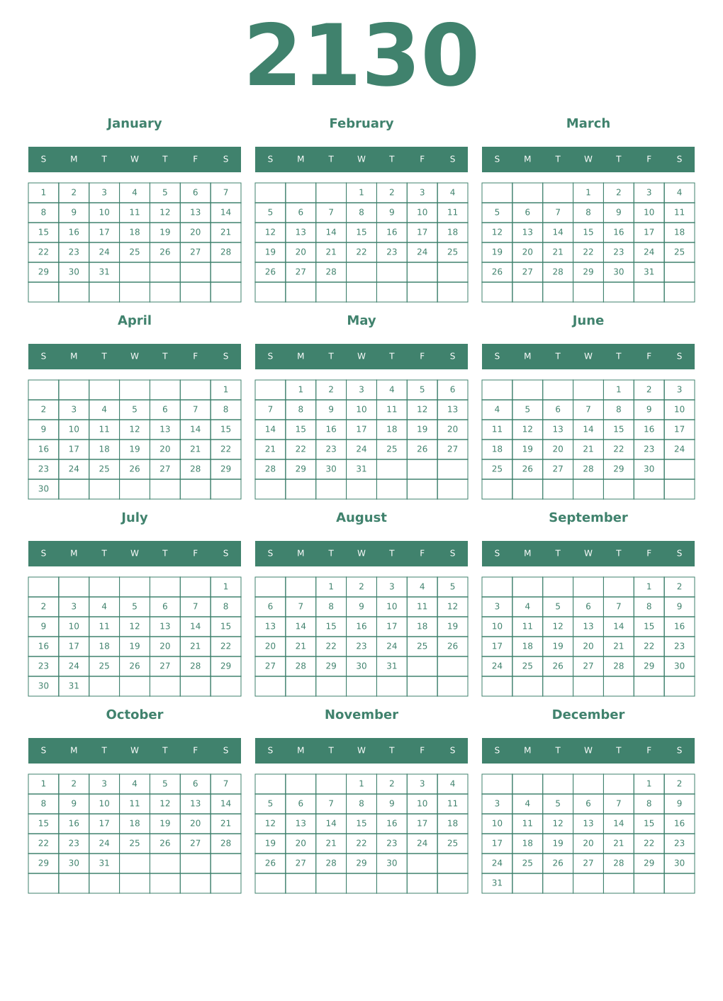 Printable 2130 Year Calendars viridian