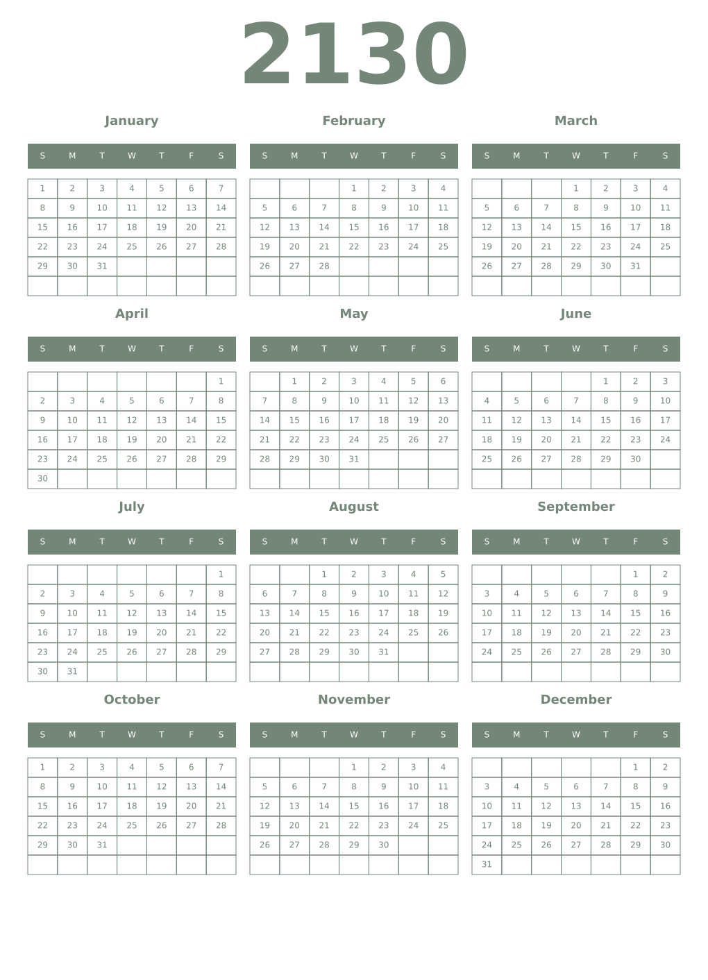 Printable 2130 Year Calendars xanadu