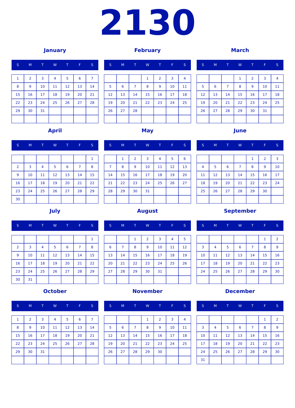 Printable 2130 Year Calendars zaffre