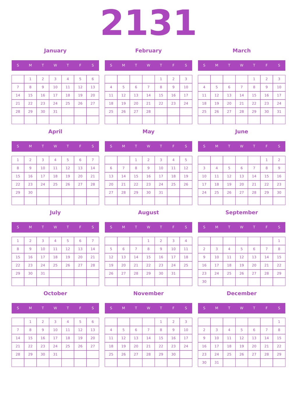 Printable 2131 Calendars