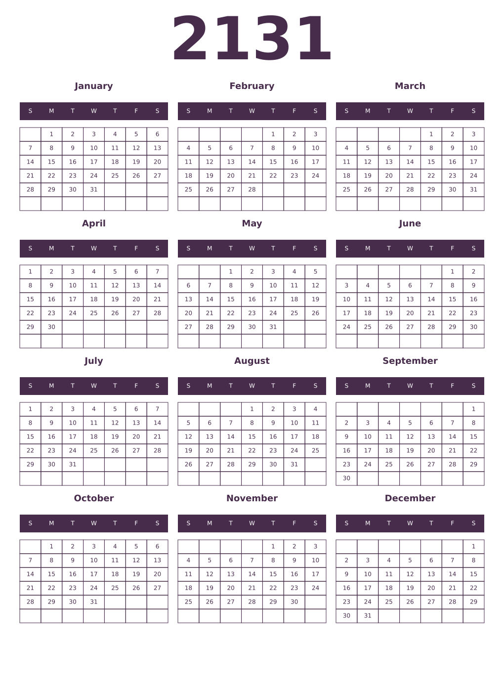 Printable 2131 Year Calendars aubergine