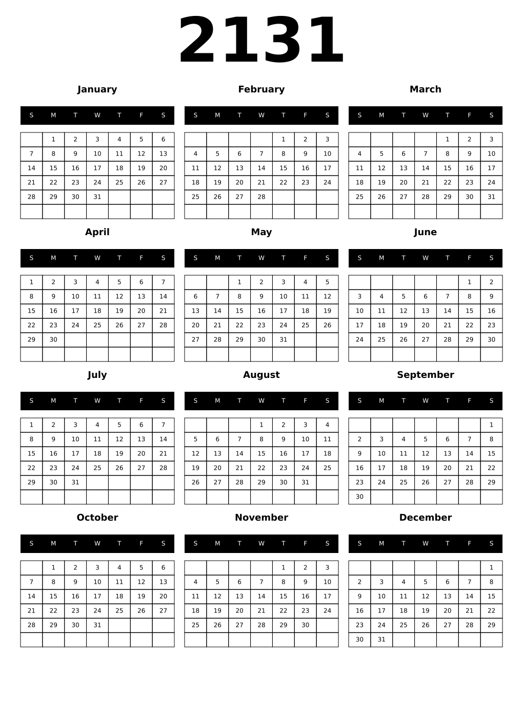 Printable 2131 Year Calendars black