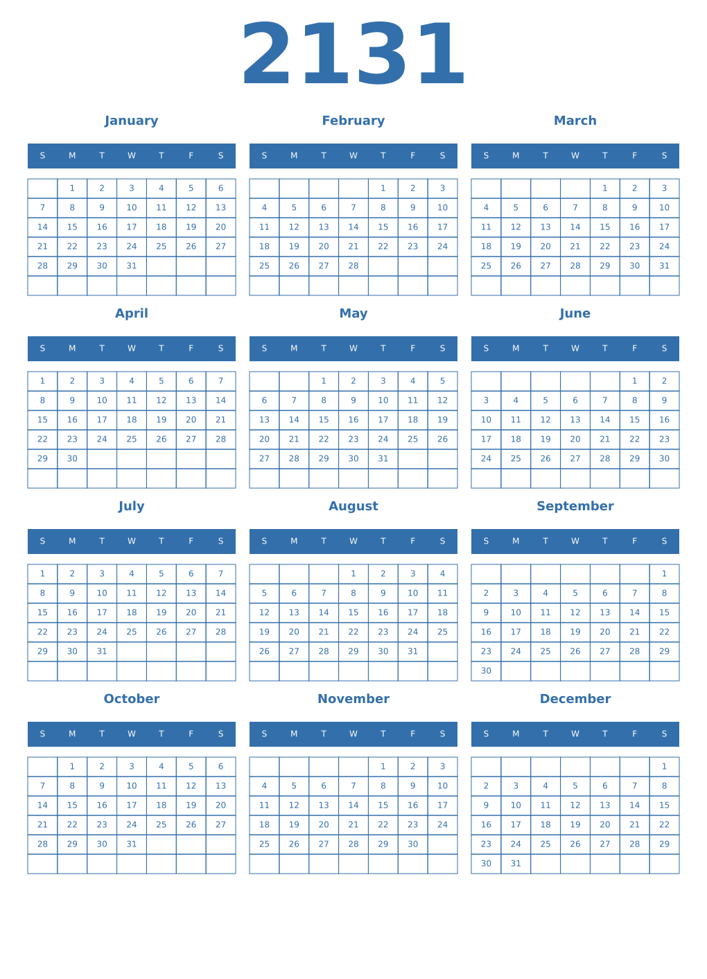 Printable 2131 Year Calendars blue