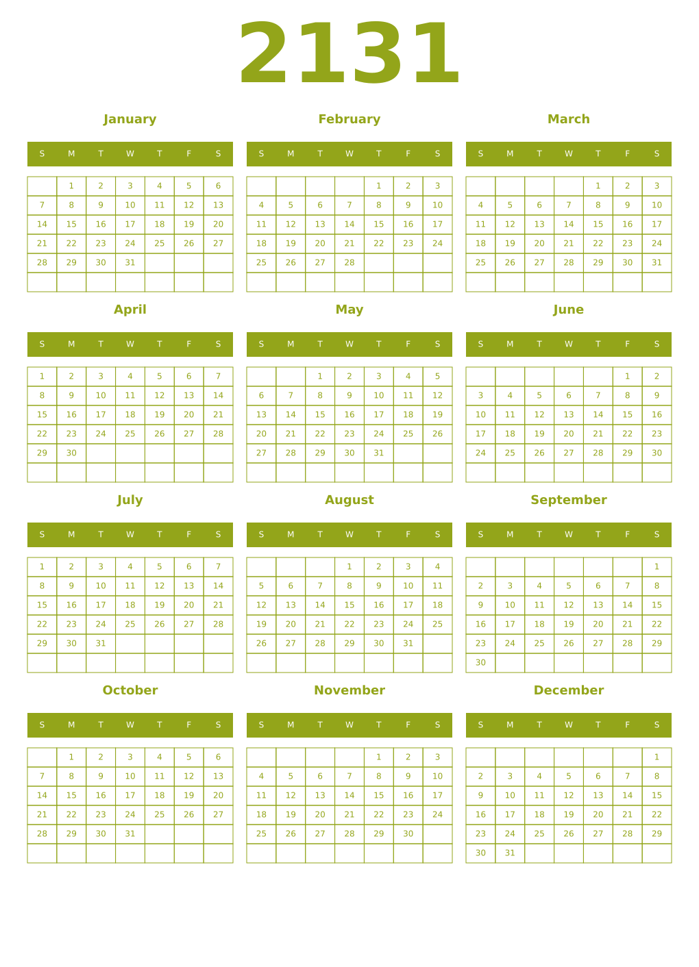 Printable 2131 Year Calendars chartreuse