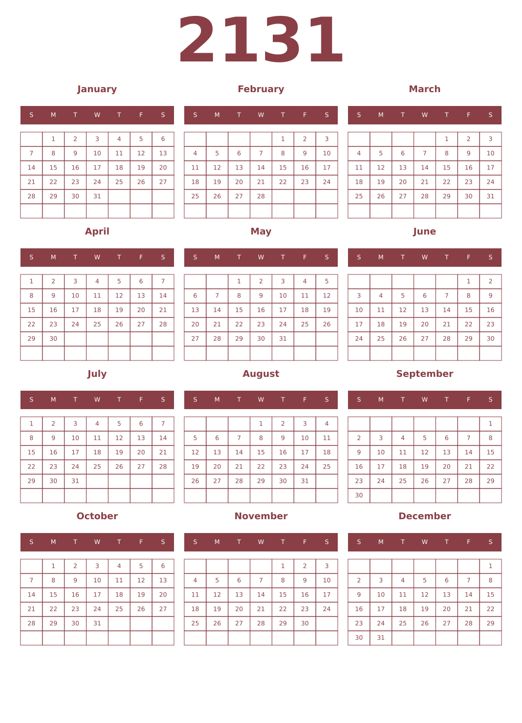 Printable 2131 Year Calendars cordovan