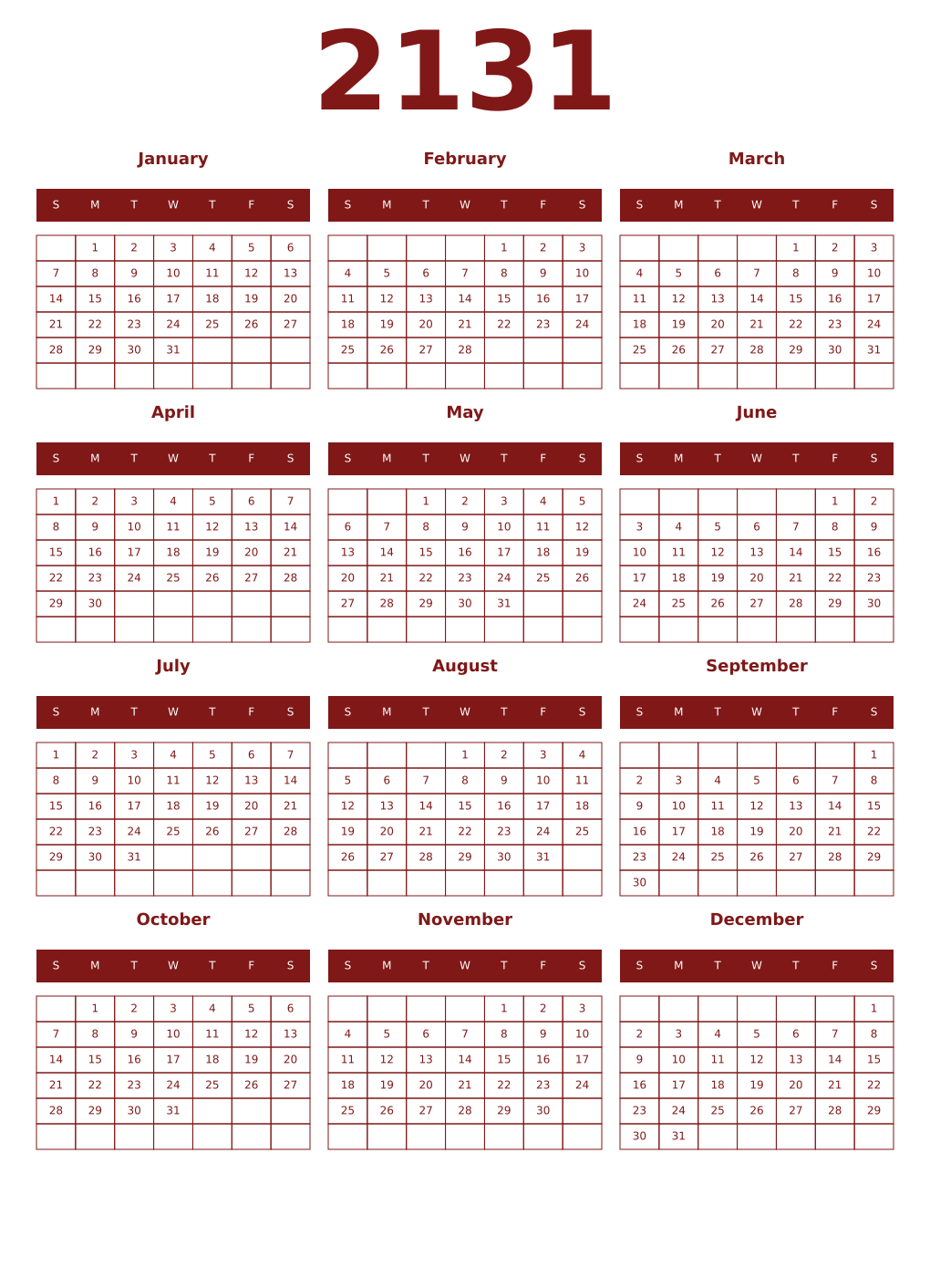 Printable 2131 Year Calendars falu