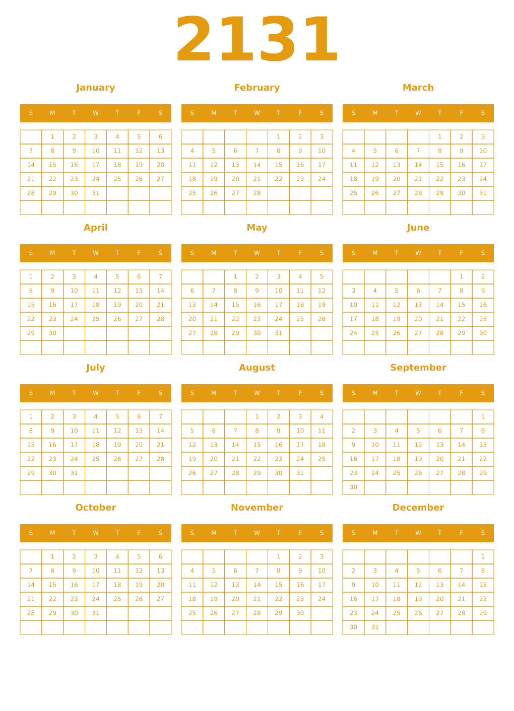Printable 2131 Year Calendars gamboge