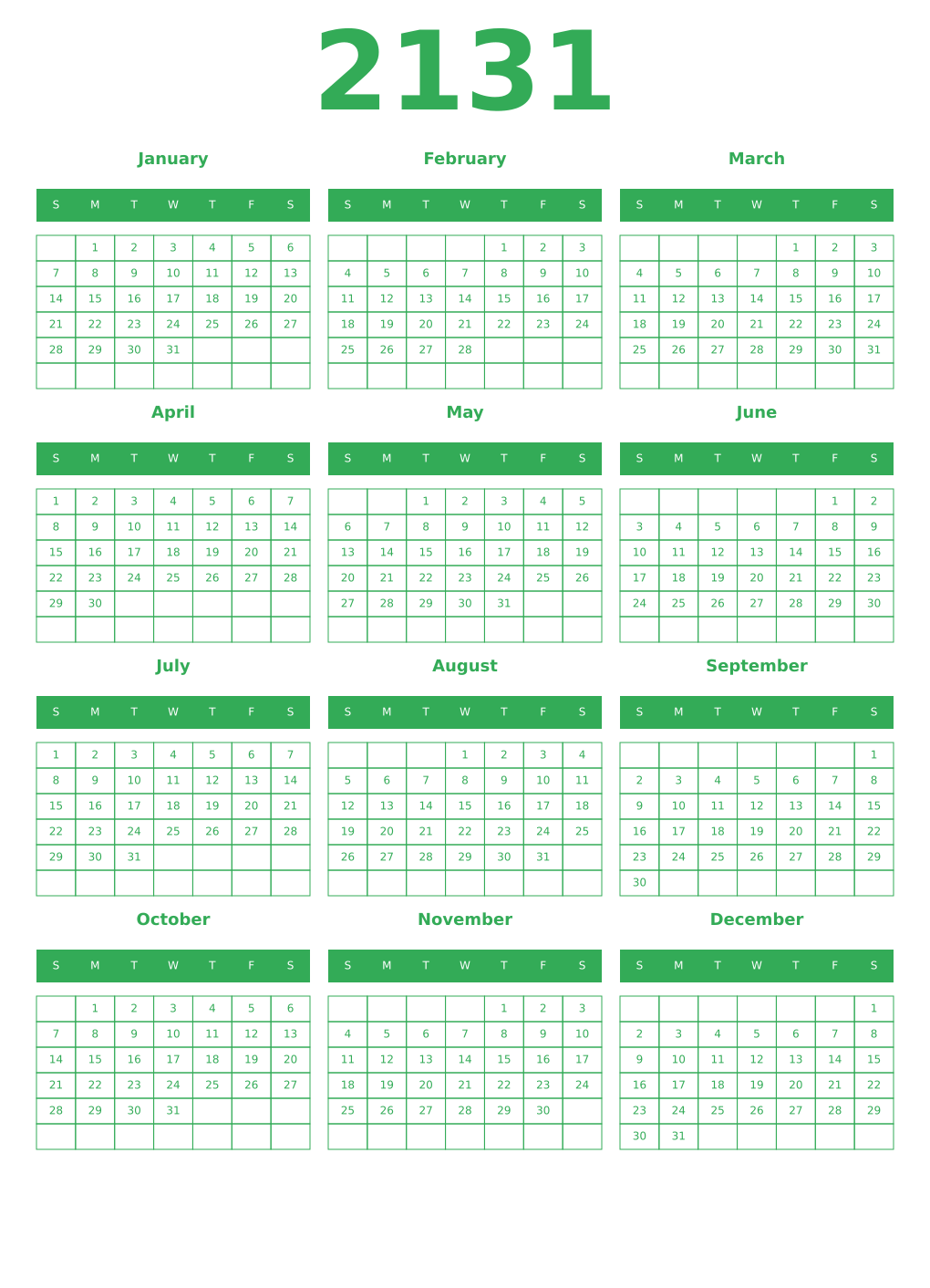 Printable 2131 Year Calendars green